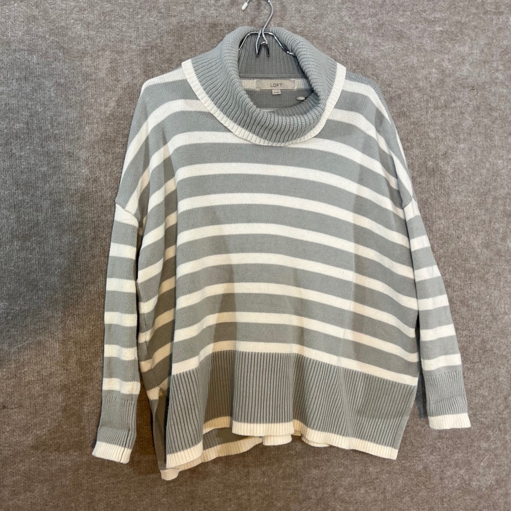 LOFT Striped Cowl Neck Sweater Womens XS Gray White Oversized Casual Preppy